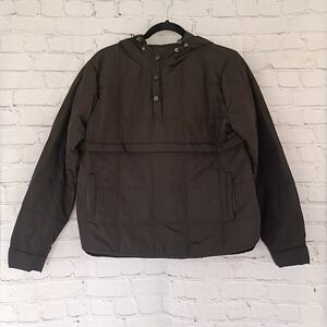 Black Quilted Hooded Jacket Pullover Snap Neck Lightweight Puffer Large